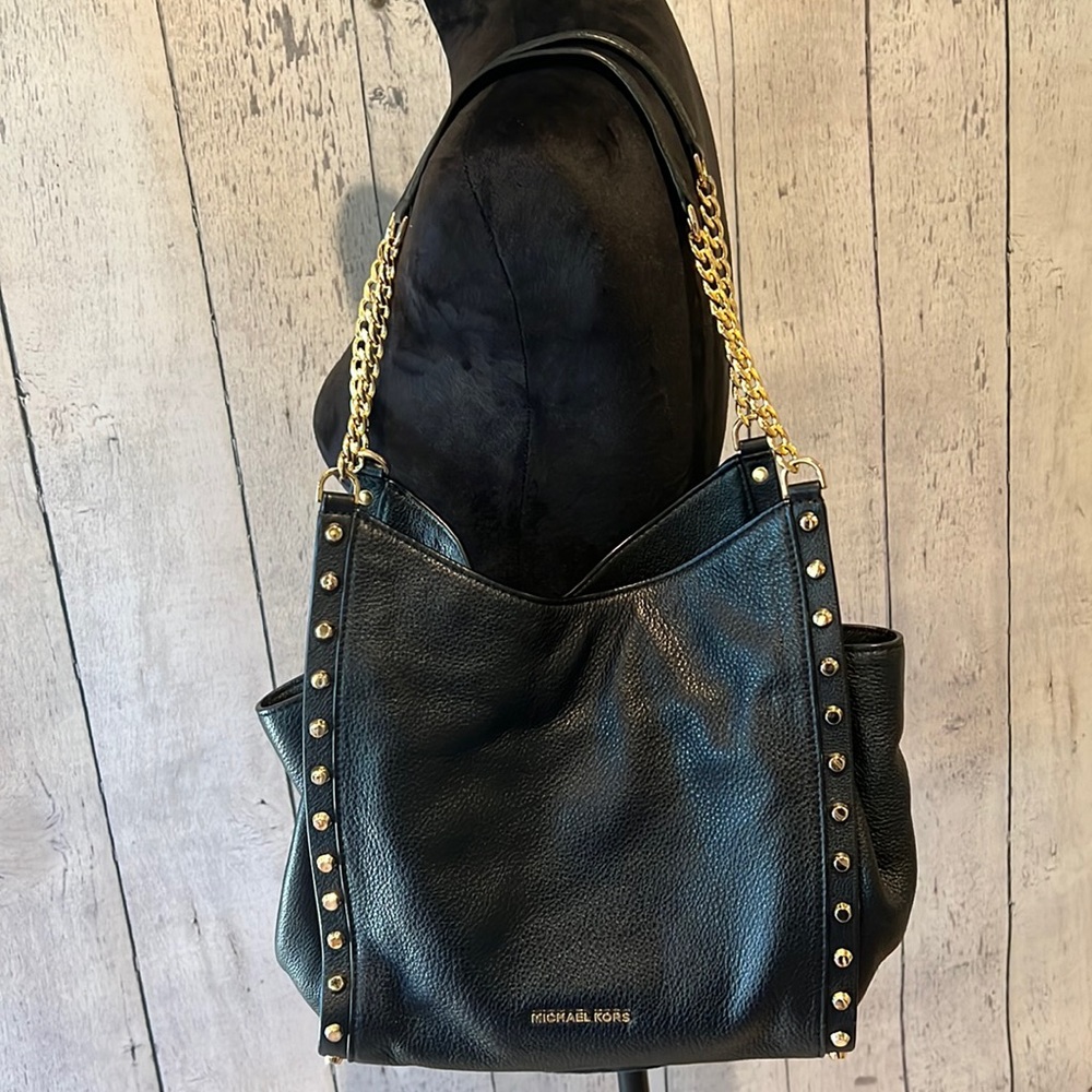 Michael Kors Black Pebble Shoulder Bag with Gold Accents